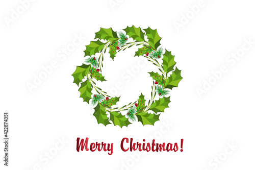Merry Christmas wreath  pine fir tree leaves with red cherries in a circle shape decoration frame with red text for gift cards in Christmas time.