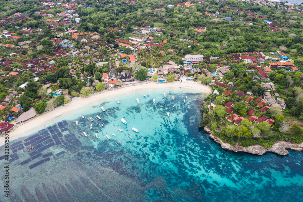 Aerial view of Mushroom bay in Nusa Lembongan off the coast of Bali in Indonesia.