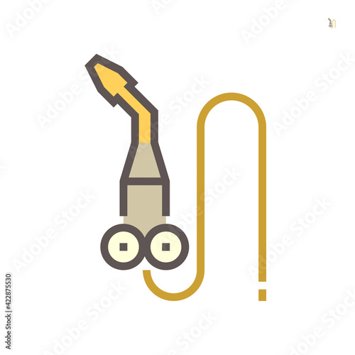 Gas torch vector icon. Welding cutting or fuel-burning equipment tool for welder use to blowing fire flame of oxygen, acetylene and propane for industry, metal steel work, metallurgy and construction.