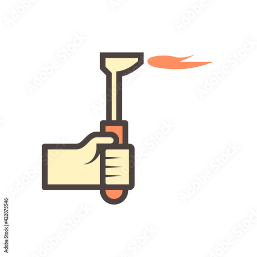 Gas torch vector icon. Welding cutting or fuel-burning equipment tool for welder use to blowing fire flame of oxygen, acetylene and propane for industry, metal steel work, metallurgy and construction.