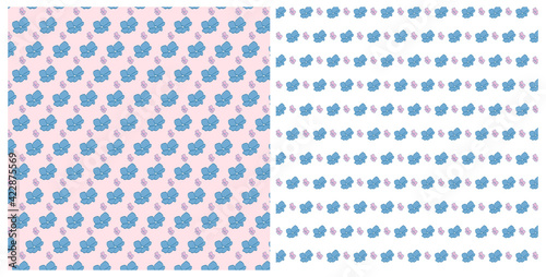 Vector set of design spring seamless pattern with pink and blue flowers, green leafs. Summer. Floral. Illustration for wedding invitations, wallpaper, textile, wrapping paper, fashion, fabric, web.