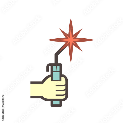 Welding electrode holder and hand welder vector icon. Also called welding rod stick or manual metal arc welding (MMA). Use to hold coated electrode and connect to engine driven welder by cable.