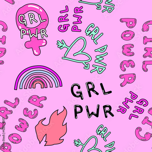 Seamless trendy girlish cute pattern in pastel pink colors. Girl Power theme.