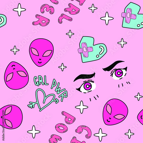 Seamless trendy girlish cute pattern in pastel pink colors. Girl Power theme.