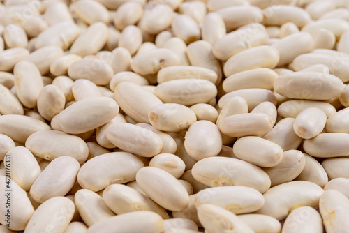Full frame of white bean grains. Selective focus.