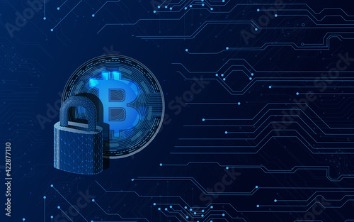 Bitcoin crypto currrency coin and a padlock, crypto shutdown and fall due to Coronavirus . stock and economy fall due to uncertainty and anxiety, global pandemic crisis, unstable situation and future
