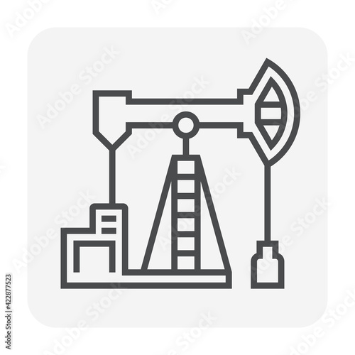 Oil pump, pumpjack vector icon. Industrial machine equipment, onshore platform or drilling rig for supply crude oil, fossil fuel from oil well by exploration, extraction, production. Editable stroke.