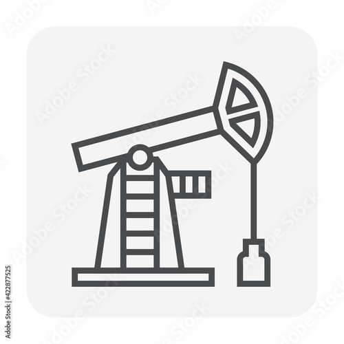 Oil pump, pumpjack vector icon. Industrial machine equipment, onshore platform or drilling rig for supply crude oil, fossil fuel from oil well by exploration, extraction, production. Editable stroke.