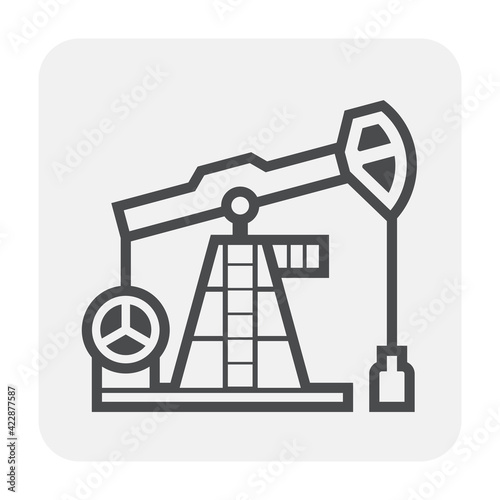 Oil pump or pumpjack vector icon. Industrial machine equipment or onshore platform with drilling rig for supply crude oil, fossil fuel, resource from oil well. By exploration, extraction, production.