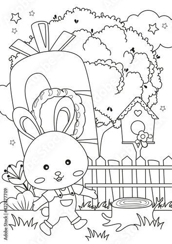 Little Bunny in the carrot house coloring page for kids