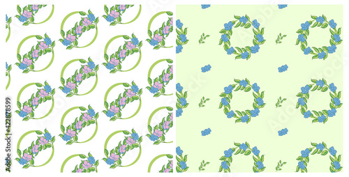 Vector set of design spring seamless pattern with pink and blue flowers, green leafs. Summer. Floral. Illustration for wedding invitations, wallpaper, textile, wrapping paper, fashion, fabric, web.