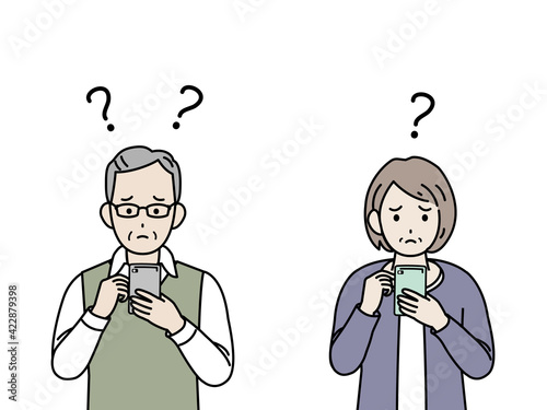 スマートフォン　操作がわからない　老夫婦　シニア　高齢者　男女　電話　イラスト素材