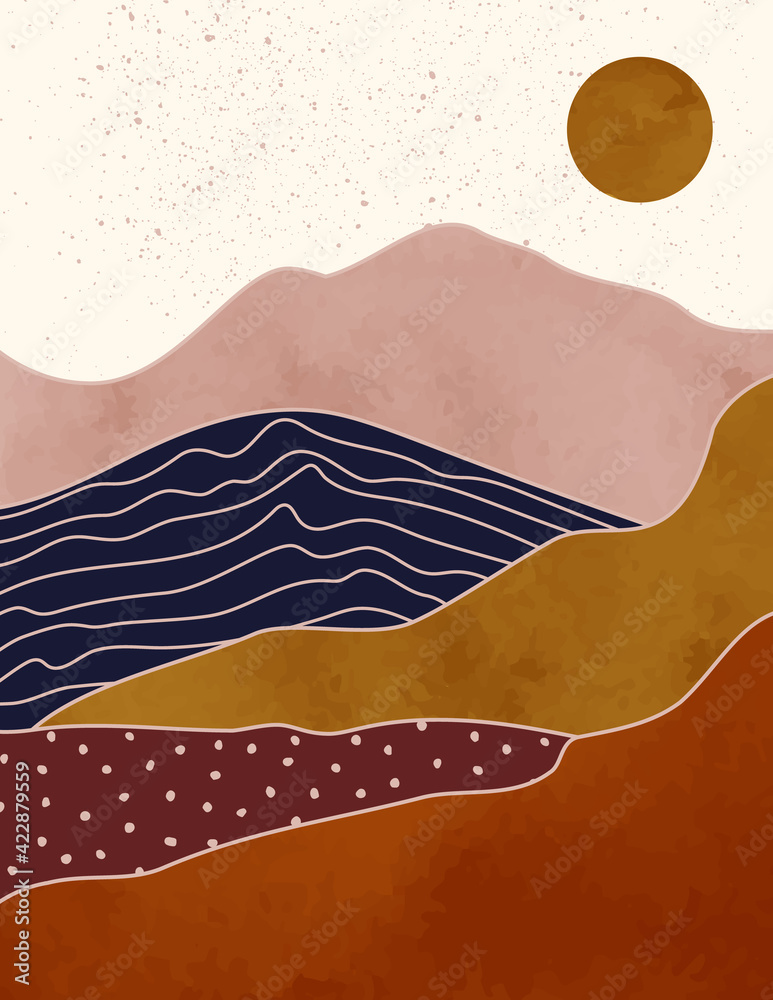 Abstract Landscape of Mountains with the Sun in a Minimal Trendy Style. Vector Background in Terracotta Colors Abstract Landscape of Mountains with the Sun in a Minimal Trendy Style. Vector Background in Terracotta Colors