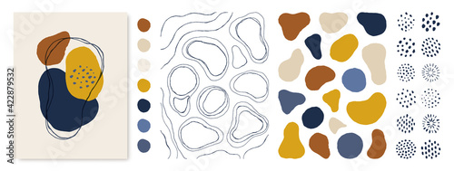 Organic Shapes and Lines Set in Minimal Trendy Style. Vector Hand Draw Abstract Elements in Mustard, Brown Colors