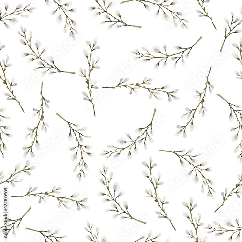 Watercolor seamless pattern with willow twigs. Illustration for the print.