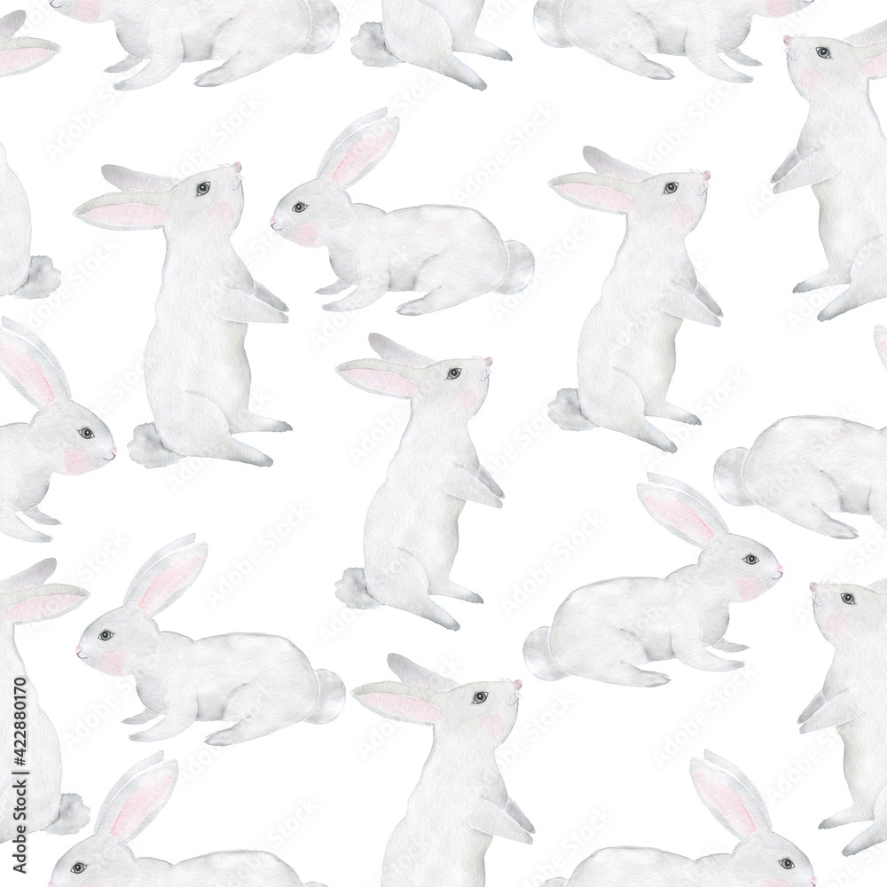 Watercolor seamless pattern with Easter bunnies. Children's illustration of a rabbit for a print.