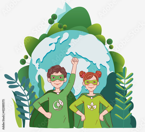 Two cute children super heroes. Protect and save Earth Planet vector concept

