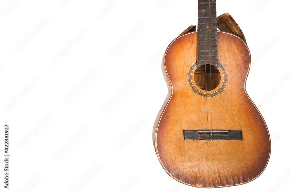 Fototapeta premium detail front view guitar body in deteriorated condition with scratches