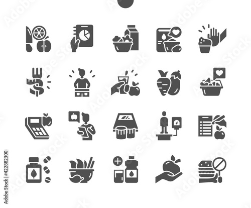 Diet. Fruits and vegetables. Healthy food. Weight scale. Calories, dieting, healthcare, meal, fresh, natural ingredient and vitamin. Vector Solid Icons. Simple Pictogram
