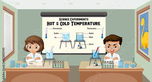 Young scientist explaining science experiments hot and cold temperature