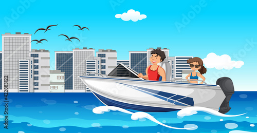 River scene with a couple on a speed boat