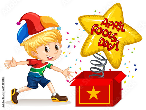 A boy wearing jester hat with April Fool's Day font from surprise box
