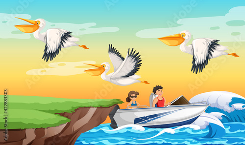 A couple driving speed boat in the beach scene