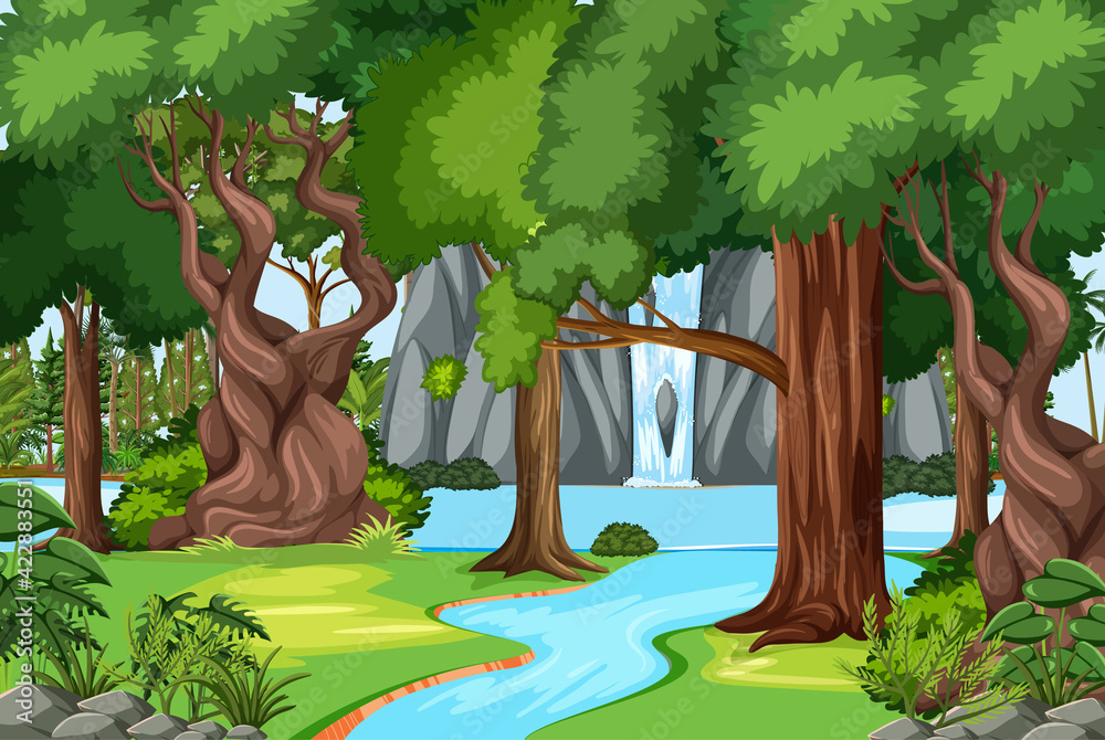 Forest scene with waterfall and many trees