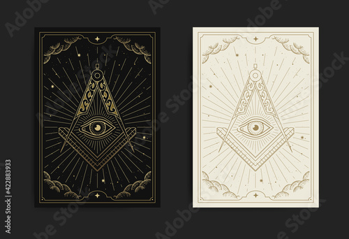 The Square, Compasses and All-Seeing Eye with engraving, handrawn, luxury, esoteric, boho style photo