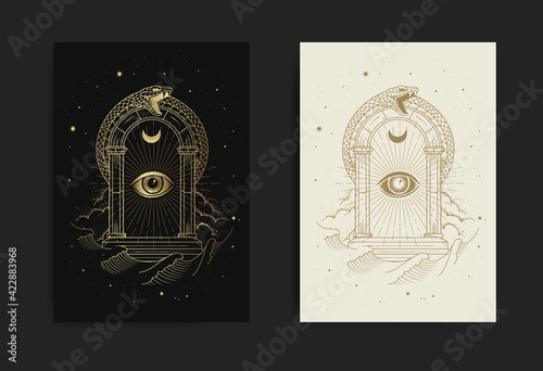 Gates of The universe with eye of god and snake ornament with engraving, handrawn, luxury, esoteric, boho, magic style, fit for paranormal, tarot card reader, astrologer or tattoo