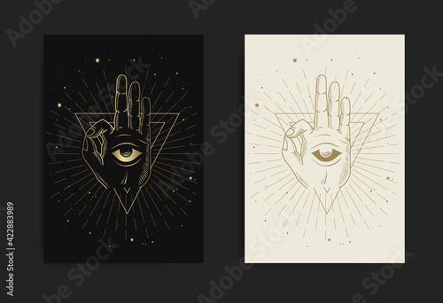 Meditation hand and inner eye with engraving, handrawn, luxury, esoteric, boho style, fit for paranormal, tarot reader, astrologer or tattoo