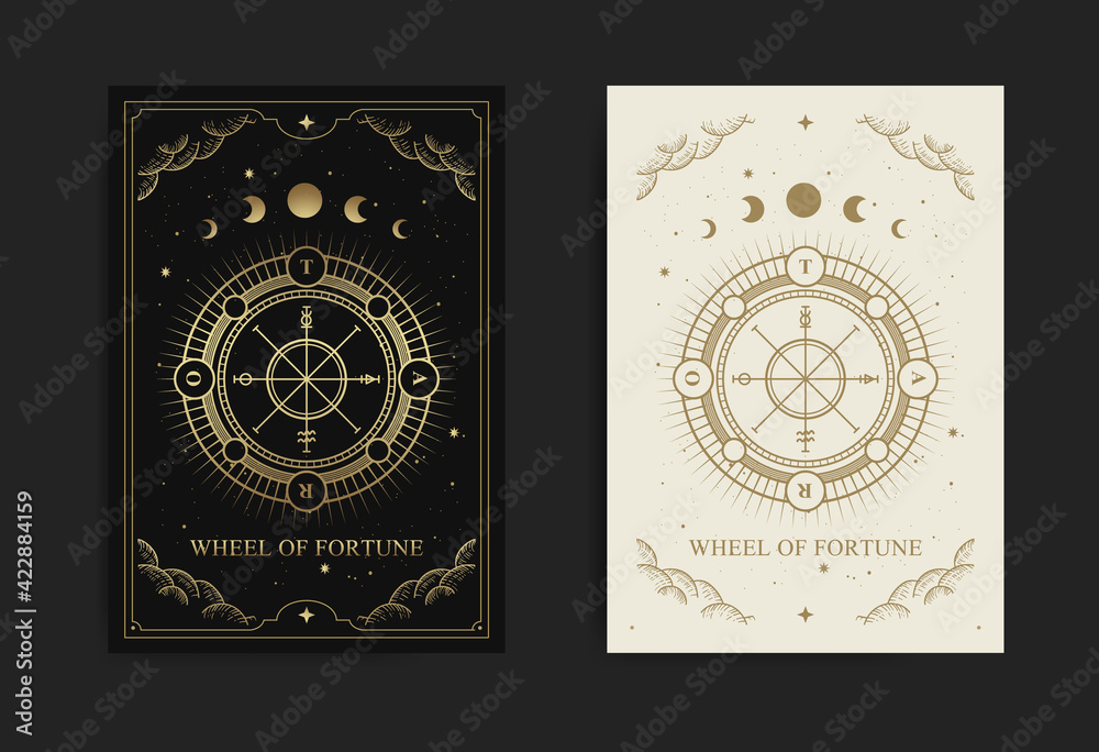 Wheel of fortune tarot card with engraving, handrawn, luxury, esoteric,  boho style, fit for paranormal, tarot reader, astrologer or tattoo Stock  Vector | Adobe Stock