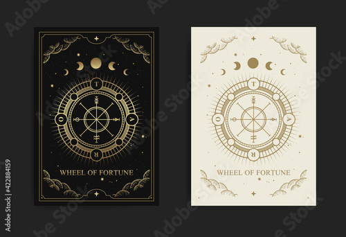 Wheel of fortune tarot card with engraving, handrawn, luxury, esoteric, boho style, fit for paranormal, tarot reader, astrologer or tattoo photo