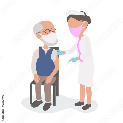 Covid vaccine a Doctor nurse in PPE mask vaccinate elderly man