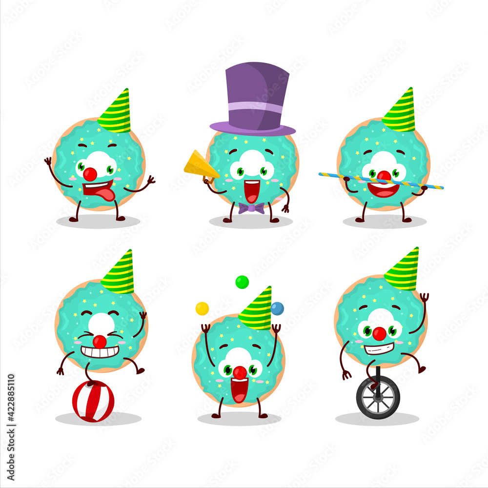 Cartoon character of vanilla blue donut with various circus shows