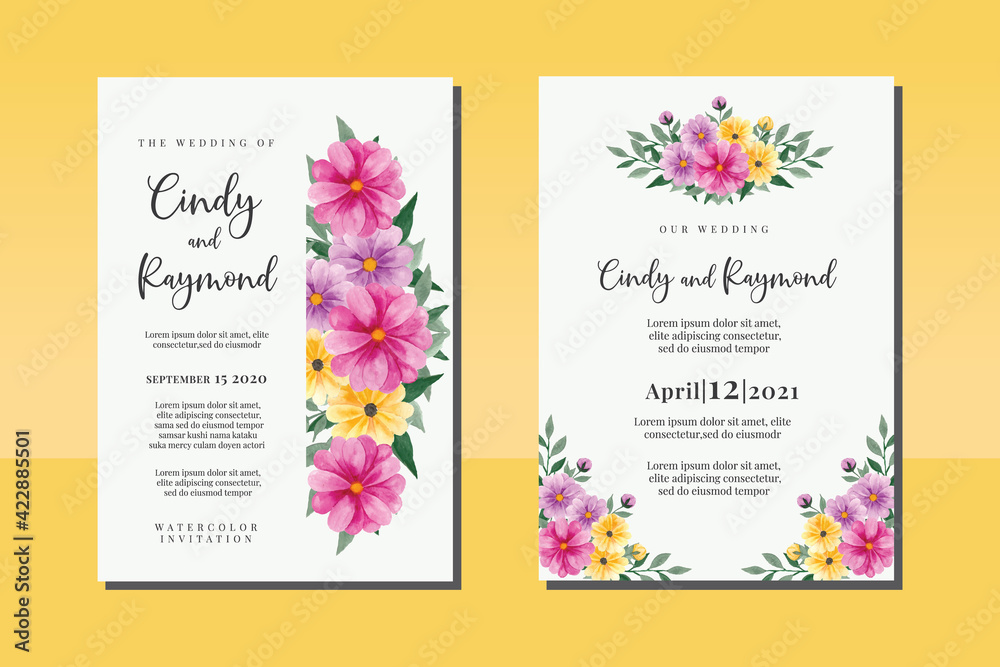 Wedding invitation frame set, floral watercolor hand drawn Daisy Flower design Invitation Card Template