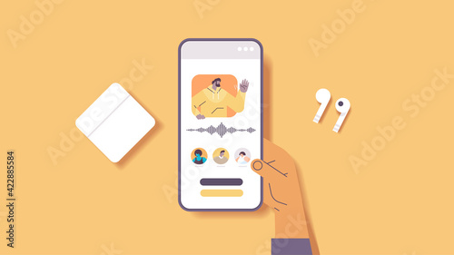 hand using smartphone communicate by voice messages audio chat application social media online communication