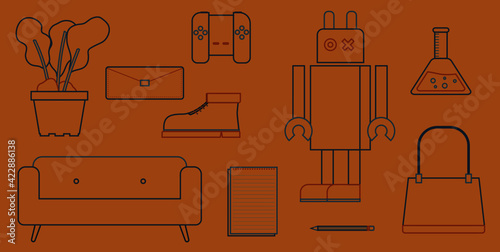Flat line style vector design of cozy furniture and little items you find at home with indigo and orange color palette 