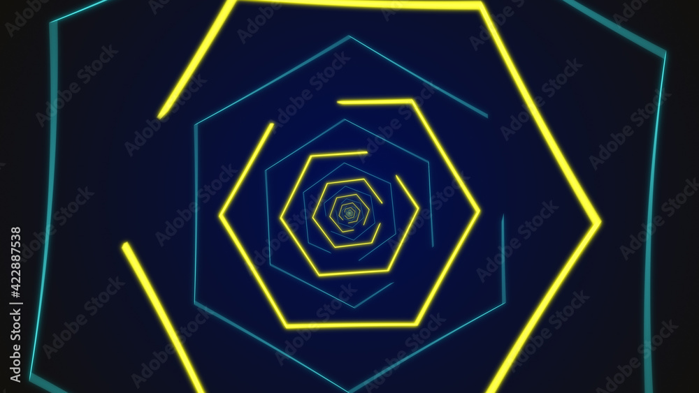 Loopable abstract digital neon polygon tunnel background. Futuristic sparkling pattern that moves forward with dark blue and yellow colors. Technology and cyber concept with copy space Loopable abstract digital neon polygon tunnel background. Futuristic sparkling pattern that moves forward with dark blue and yellow colors. Technology and cyber concept with copy space