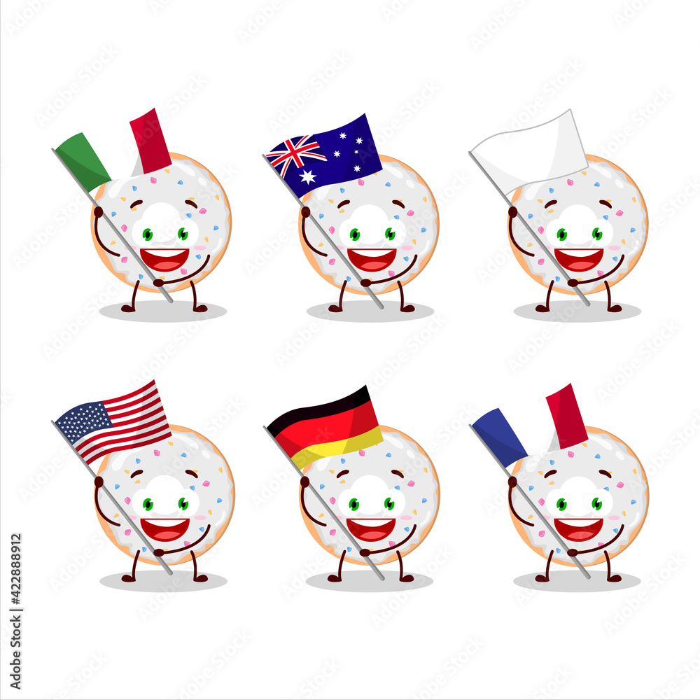 Vanilla donut cartoon character bring the flags of various countries Vanilla donut cartoon character bring the flags of various countries