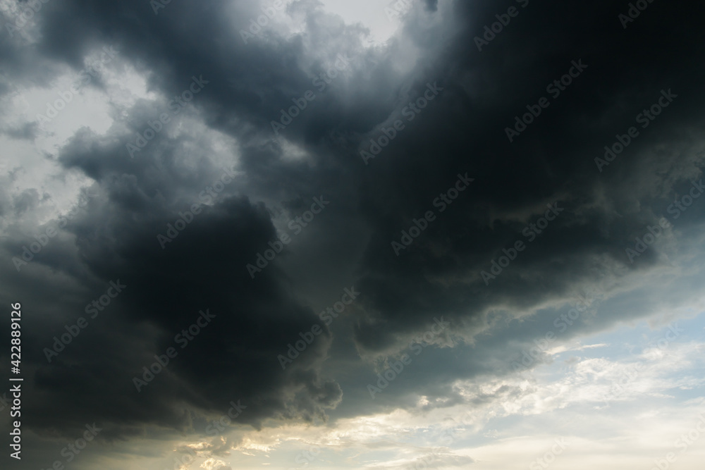 .Storm clouds with the rain. Nature Environment Dark huge cloud sky black stormy cloud