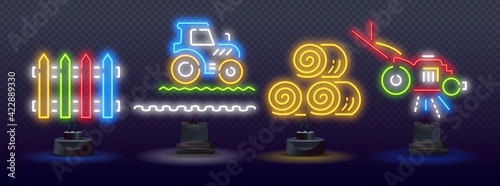 Fototapeta Naklejka Na Ścianę i Meble -  agriculture neon icons, vector neon glow on dark background. agriculture neon icons. tractor neon icons for promotions
