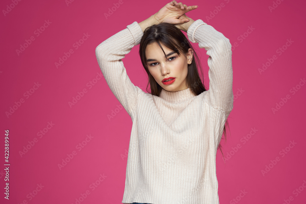Woman with red lips bright makeup white blouse long hair pink background Woman with red lips bright makeup white blouse long hair pink background