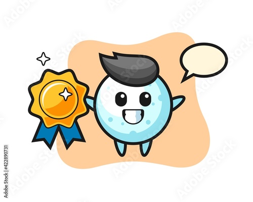 snow ball mascot illustration holding a golden badge