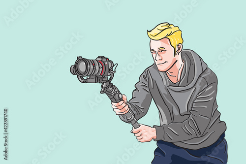 The man holding camera with gimbal accessories for any production, Videographer posing action, cameraman with cinema action, Contributor make any contents, Film maker flat vector illustration.