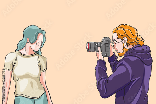 photographer shooting model, model posing for photoshoot, magazine photograph in studio, making film with camera scenes, content for contributor, flat vector illustration.