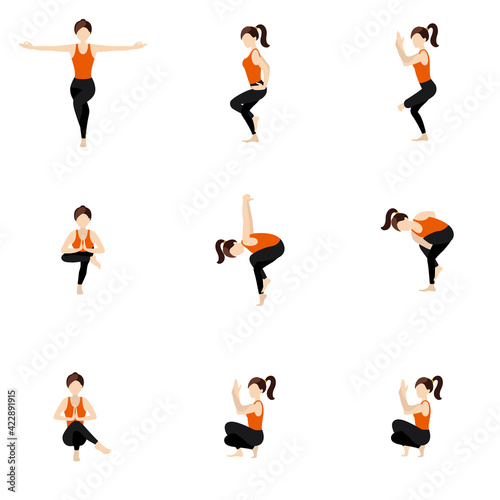 Eagle pose variations yoga asanas set / Illustration stylized woman practicing garudasana variations