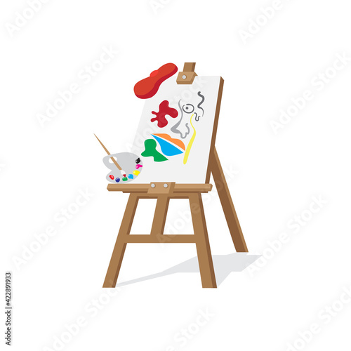 Artist workplace with equipments, easel with canvas, artist beret, palette and paintbrush, workplace of creativity, flat vector illustration isolated on white background, EPS 10.