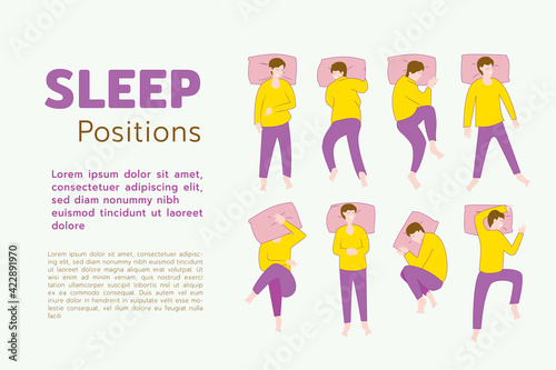 Sleep positions of human, how posing human can be in sleeping time,  flat vector illustration