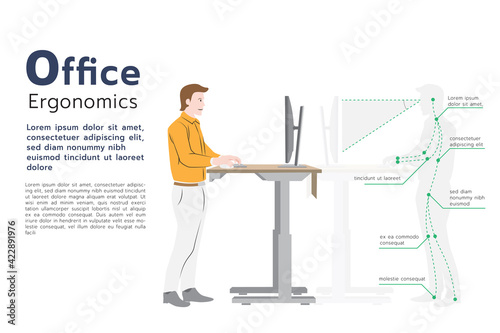 Infographic how to prevent office syndrome, Office Ergonomic Standing Posture at a computer, flat graphic illustration